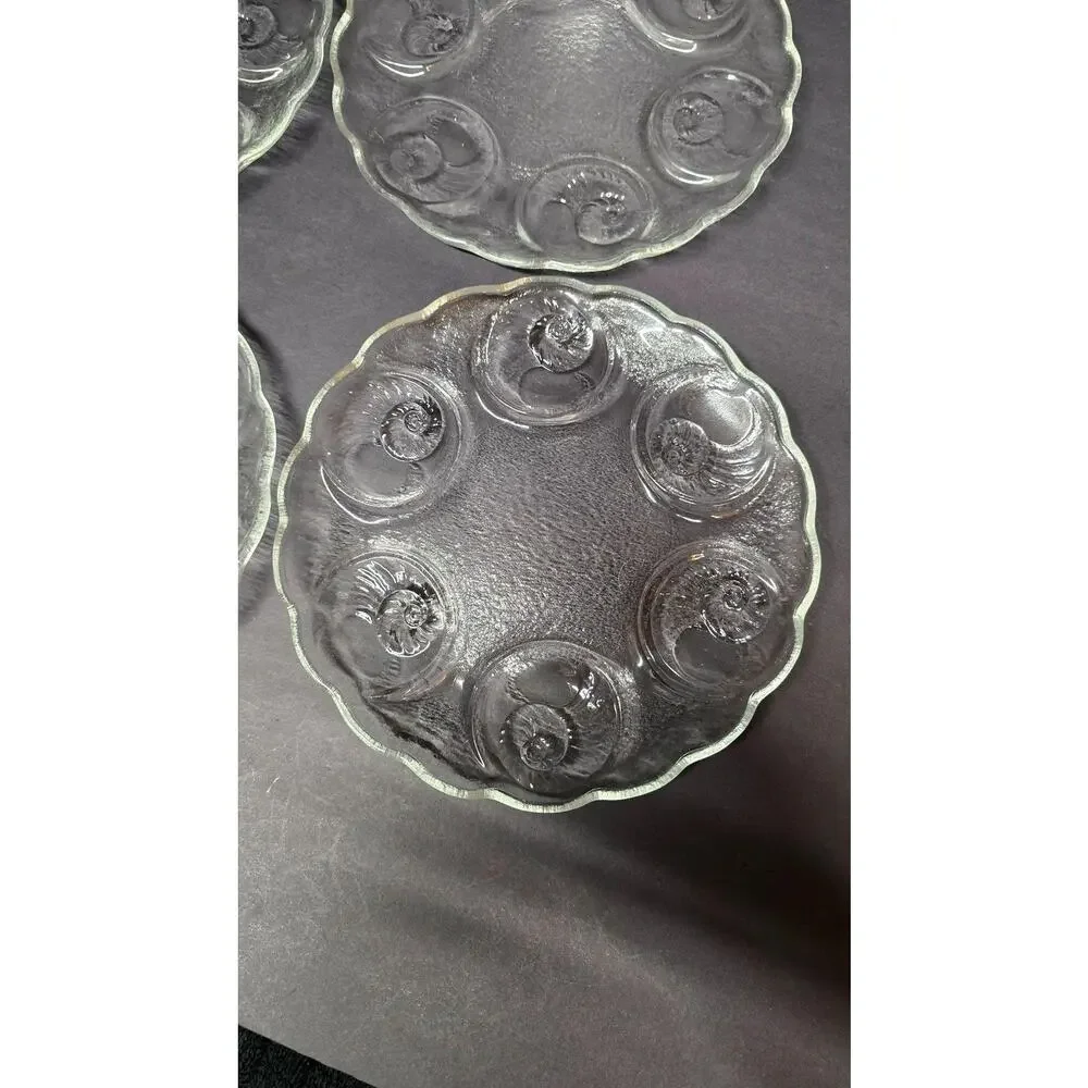 Vintage Clear Pressed Glass Snail Escargot Seafood Plates Set Of 4 Round